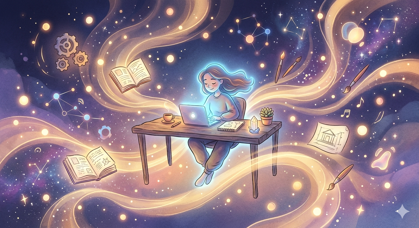 A peaceful solo founder working in a dreamlike cosmic environment, representing the deep flow state and the autonomy of solopreneurship.