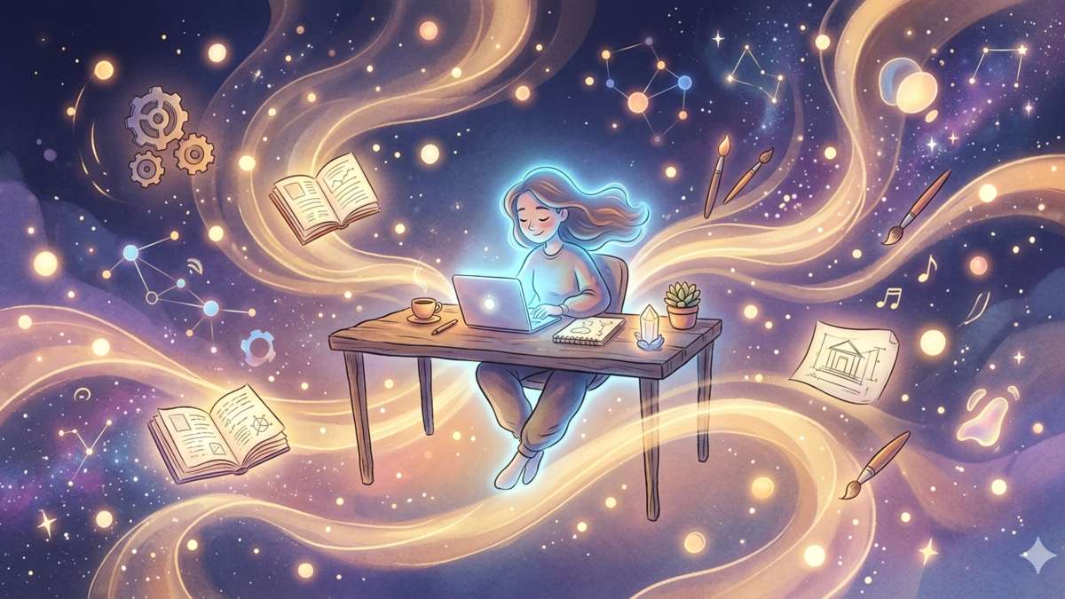 A peaceful solo founder working in a dreamlike cosmic environment, representing the deep flow state and the autonomy of solopreneurship.