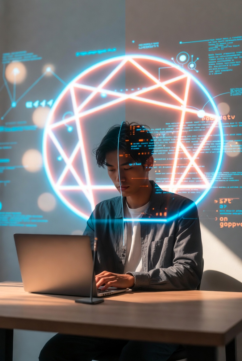 A solopreneur sitting at a minimalist desk with a glowing Enneagram symbol and digital data visualizations in the background, symbolizing the connection between personality analysis and business success.