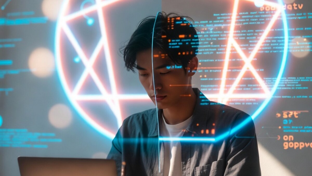 A solopreneur sitting at a minimalist desk with a glowing Enneagram symbol and digital data visualizations in the background, symbolizing the connection between personality analysis and business success.