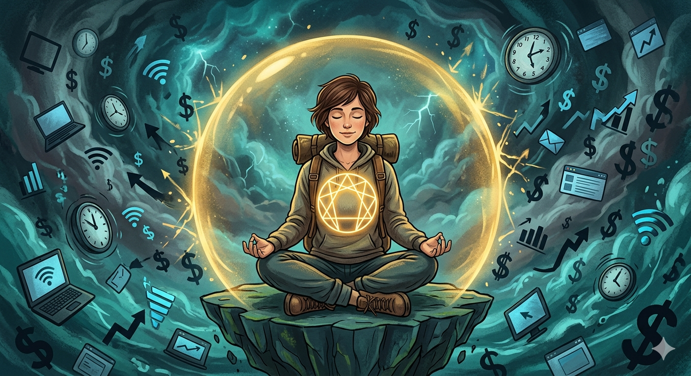 A solopreneur protected by a glowing golden psychological blueprint shield while surrounded by the chaotic symbols of business stress.
