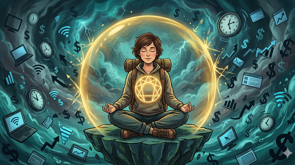 A solopreneur protected by a glowing golden psychological blueprint shield while surrounded by the chaotic symbols of business stress.