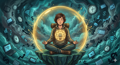 A solopreneur protected by a glowing golden psychological blueprint shield while surrounded by the chaotic symbols of business stress.