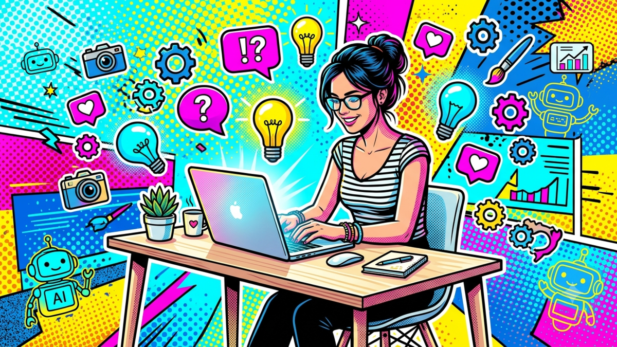 Illustration showing a solopreneur balancing AI automation with human creativity and personality