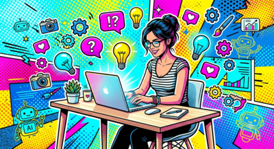 Illustration showing a solopreneur balancing AI automation with human creativity and personality