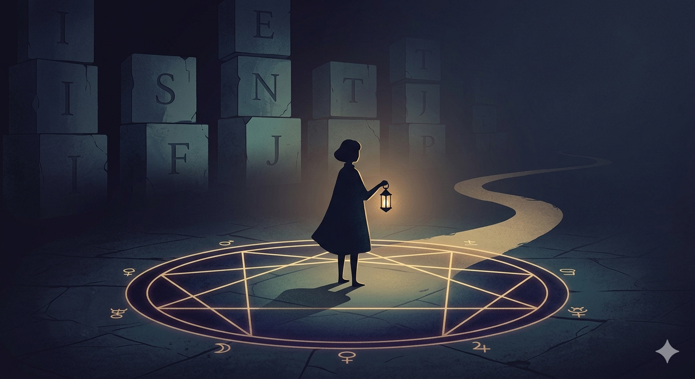 A soul-style cartoon illustration of a solo founder standing on a glowing Enneagram map, choosing a deep personalized path over rigid corporate MBTI blocks.