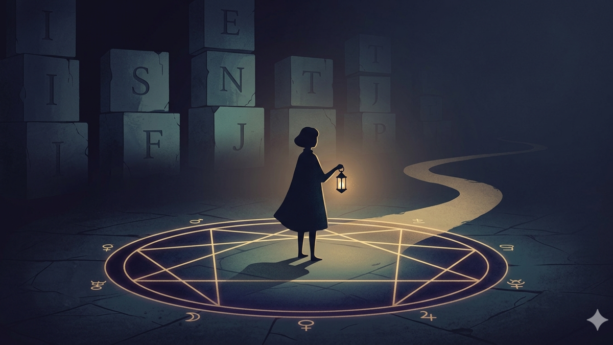 A soul-style cartoon illustration of a solo founder standing on a glowing Enneagram map, choosing a deep personalized path over rigid corporate MBTI blocks.