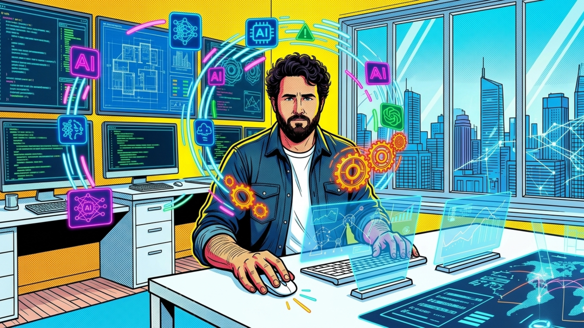 illustration of Matthew Gallagher leveraging AI technology at a desk to prevent burnout.
