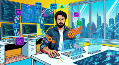 illustration of Matthew Gallagher leveraging AI technology at a desk to prevent burnout.